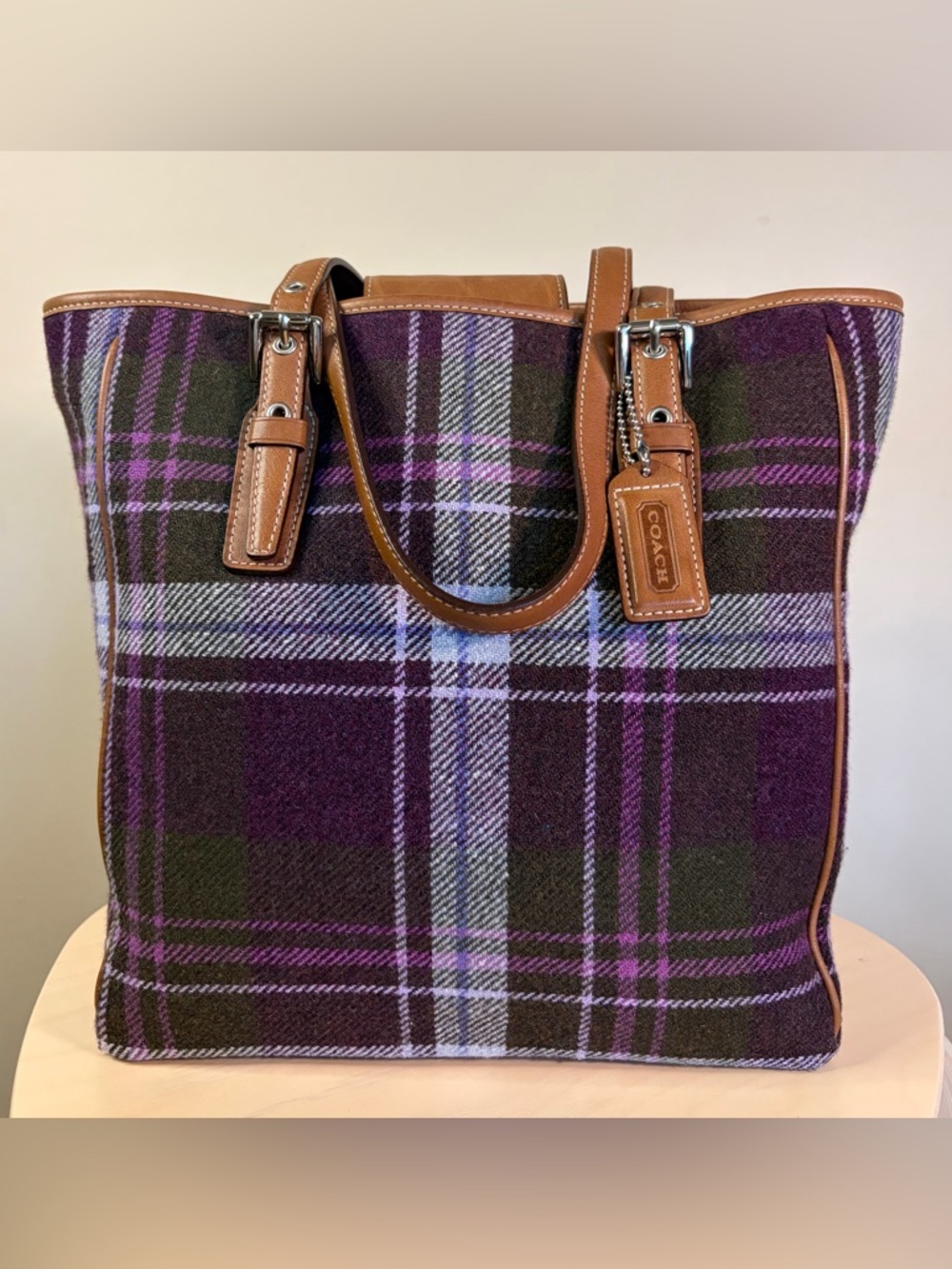 Vintage COACH Hampton Purple Tartan Plaid Wool Leather 83222 EUC - Picture 5 of 17